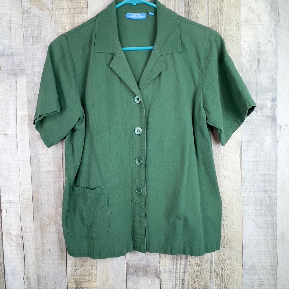 Cotton Connection Size Small Short Sleeve Button Front Green Shirt w/Poc…